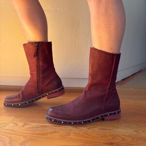 John Fluevog red mid boots with studded sole